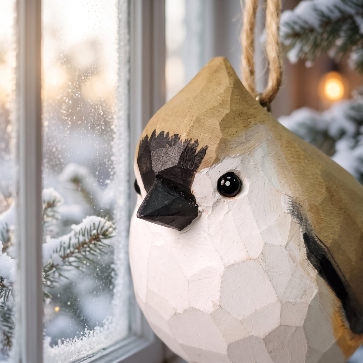 A close-up of a geometric, faceted wooden Tufted titmouse ornament hanging by a rope loop in front of a snowy window.