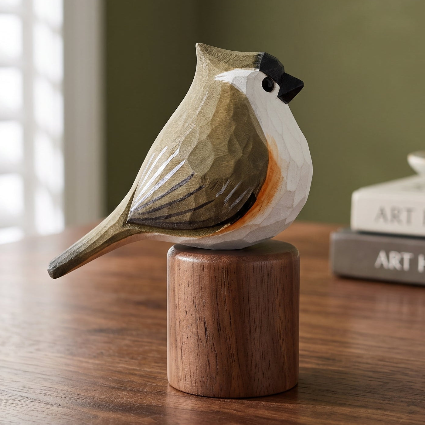 A stylized wooden Tufted Titmouse sculpture with a geometric, faceted finish in beige, white, brown, and orange, mounted on a cylindrical wooden base on a dark wood table. In the background, a bookshelf with books and a window with blinds are softly blurred.