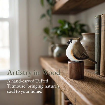 A hand-carved wooden Tufted Titmouse figurine displayed on a rustic wooden shelf, with decorative books and potted plants in the background. Text on the left reads 'Artistry in Wood' and 'A hand-carved Tufted Titmouse, bringing nature's soul to your home.