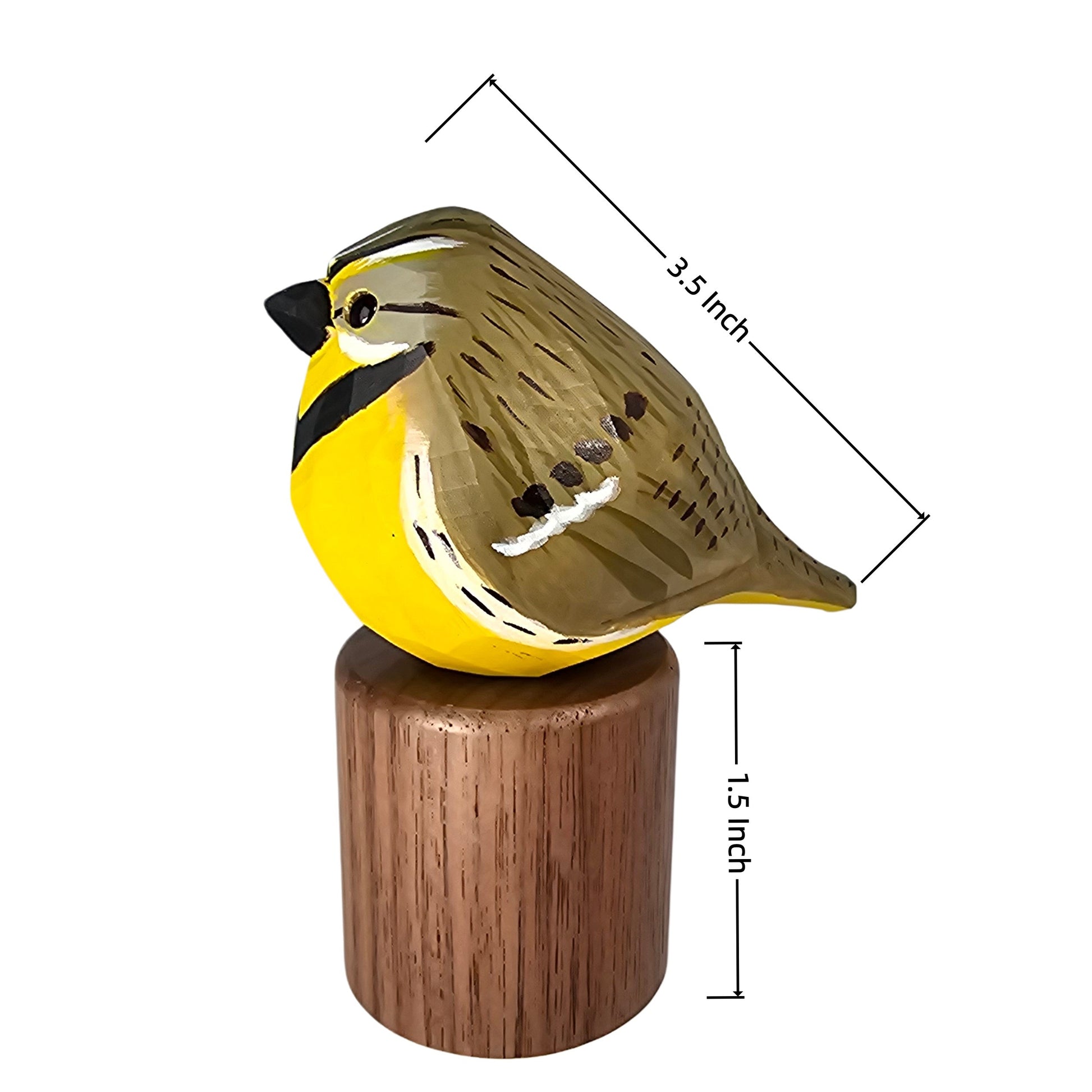 A small painted Western meadowlark figurine perched on a cylindrical wooden base, shown on a white background with dimension lines indicating 3.5 inch length and 1.