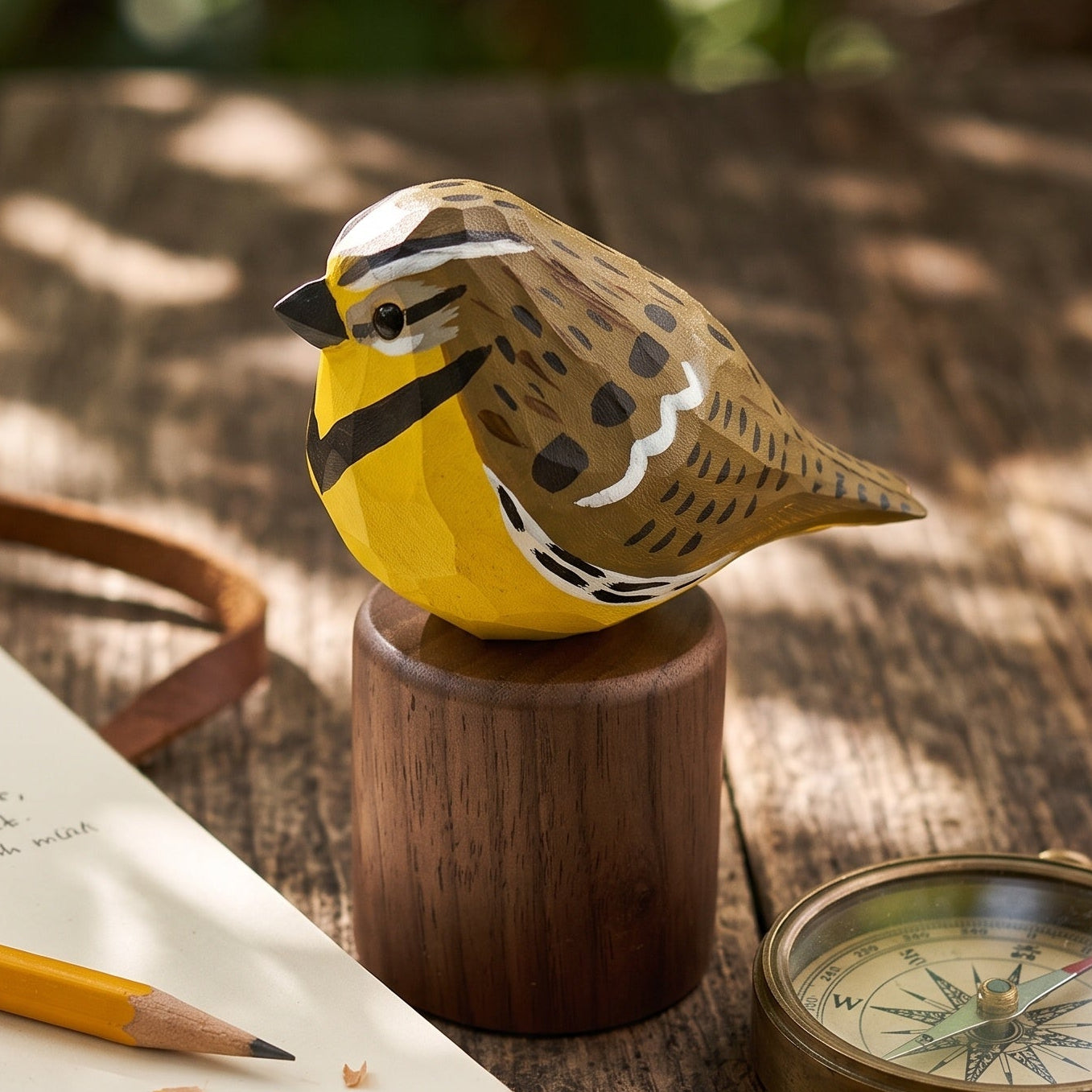A hand-painted wooden Western meadowlark figurine perched on a wooden base, styled on a rustic wooden table next to an open notebook, a pencil, and a compass.