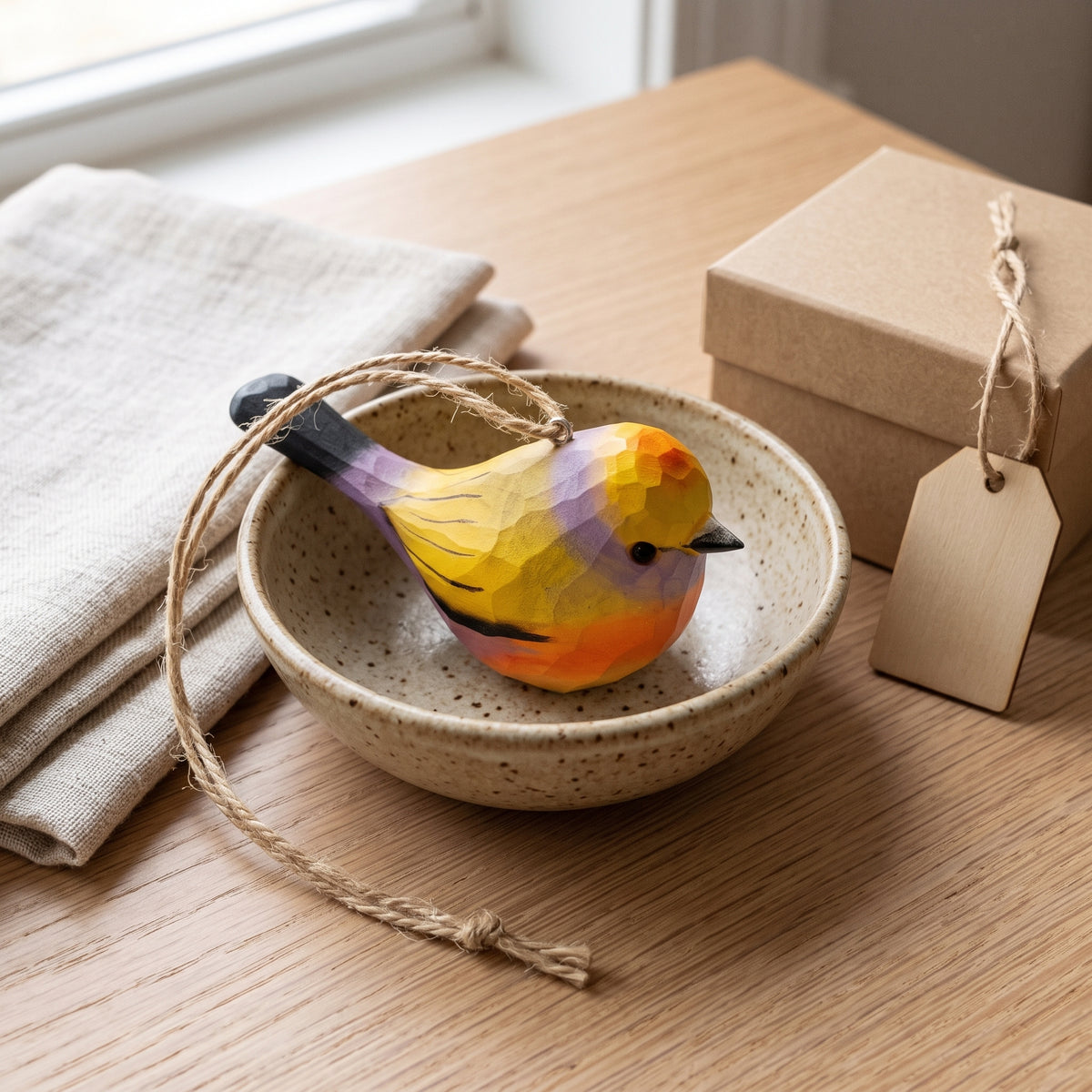 A colorful wooden White-browed tit-warbler ornament with a geometric faceted finish, resting in a speckled ceramic bowl on a wooden table. A kraft gift box with a blank tag and a beige linen cloth are styled nearby.