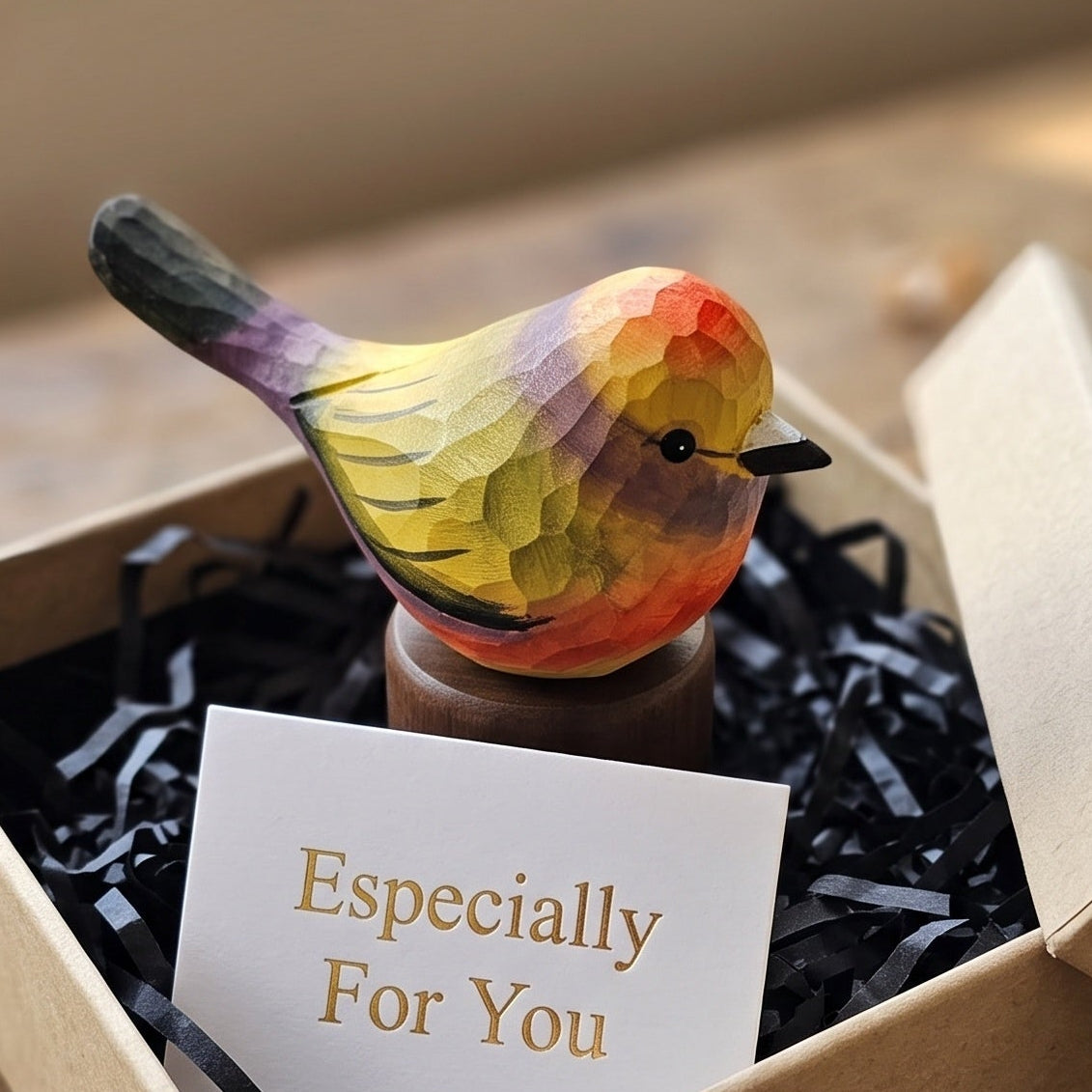 A small hand-painted bird figurine with a geometric, faceted pattern in yellow, orange, green, and purple, displayed in a kraft gift box with black shredded paper and a card that reads 'Especially For You'.