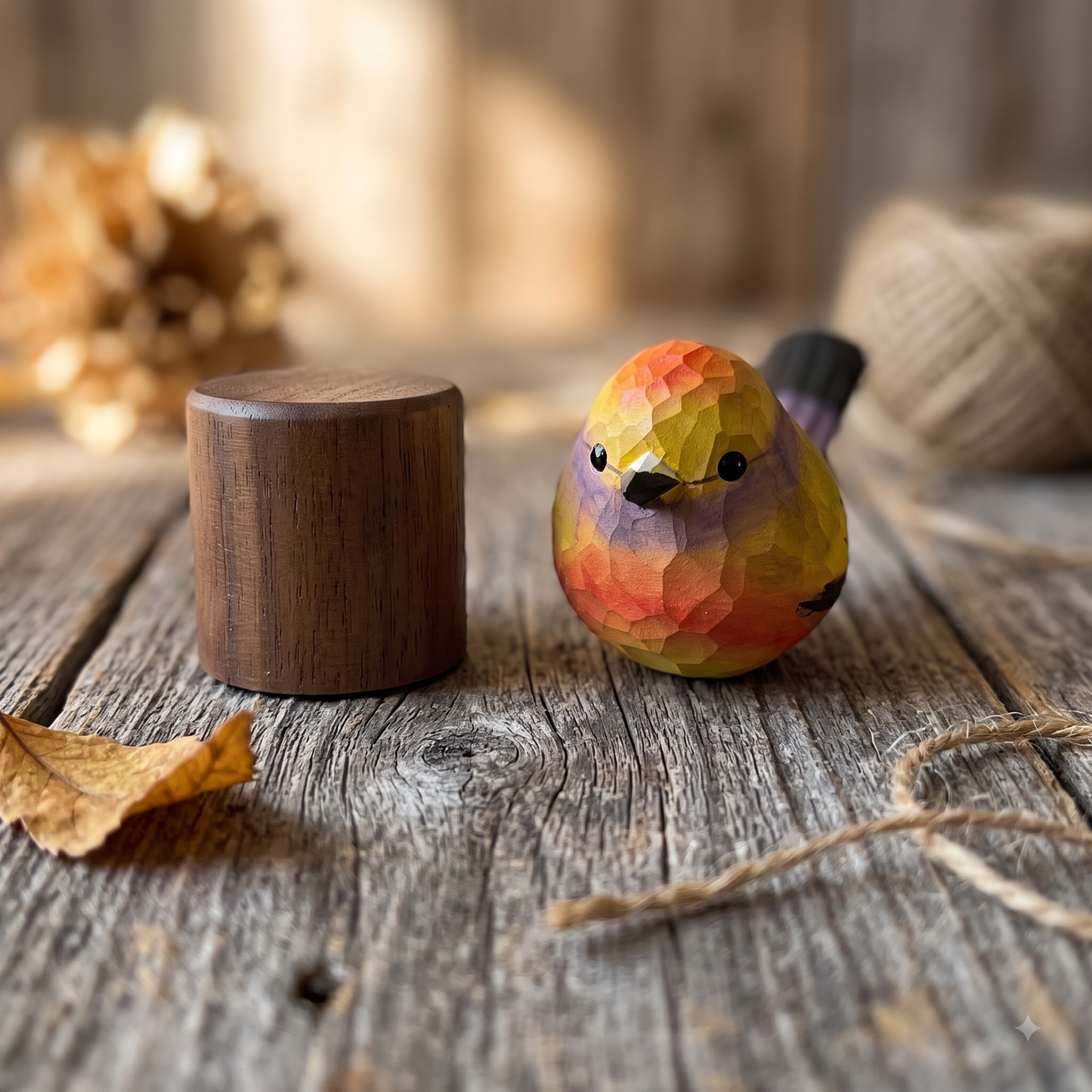 A colorful wooden White-browed tit-warbler figurine with a geometric, faceted pattern sits on a rustic wooden table next to a matching cylindrical wooden block. The background features a soft-focus bokeh of natural elements, including a pinecone, twine, and a dried leaf.