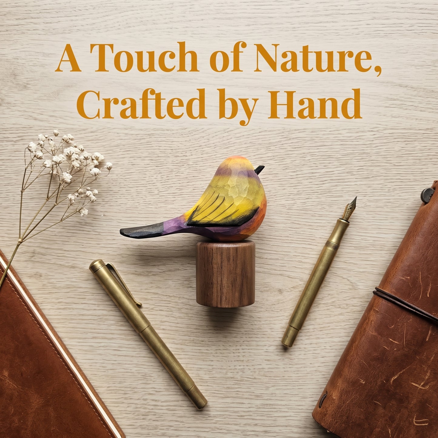 A beautifully styled flat-lay featuring a hand-painted wooden White-browed tit-warbler figurine on a wooden block, surrounded by brass pens, a brown leather notebook, dried baby's breath, and the text 'A Touch of Nature, Crafted by Hand' on a light wood background.