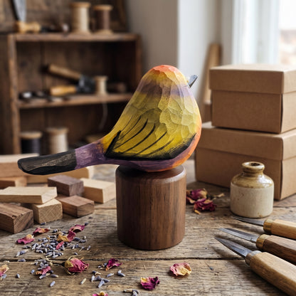 A handcrafted wooden White-browed tit-warbler figurine painted in yellow, orange, purple, and black, displayed on a wooden stand on a rustic workbench surrounded by woodworking tools and boxes.