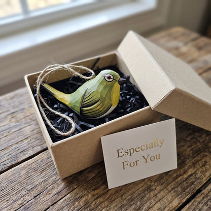 A small green White-Eyes ornament with a hanging twine loop, displayed inside a kraft gift box with black shredded paper and a card that reads 'Especially For You,' set on a rustic wooden table near a window.