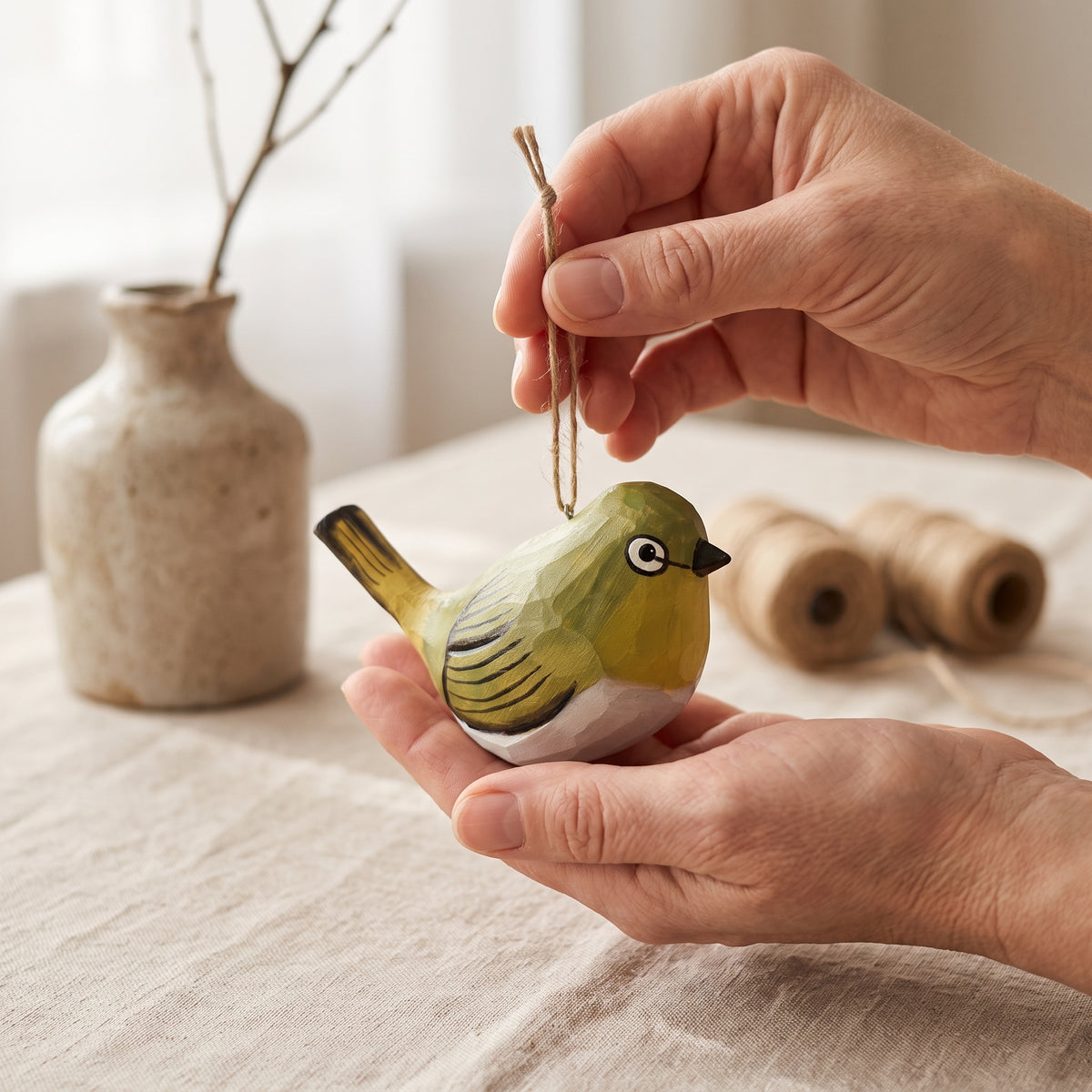 A hand holds a small painted White-Eyes ornament with a string loop, while another hand adjusts the string. The background shows a softly blurred beige tabletop with a vase and thread spools.
