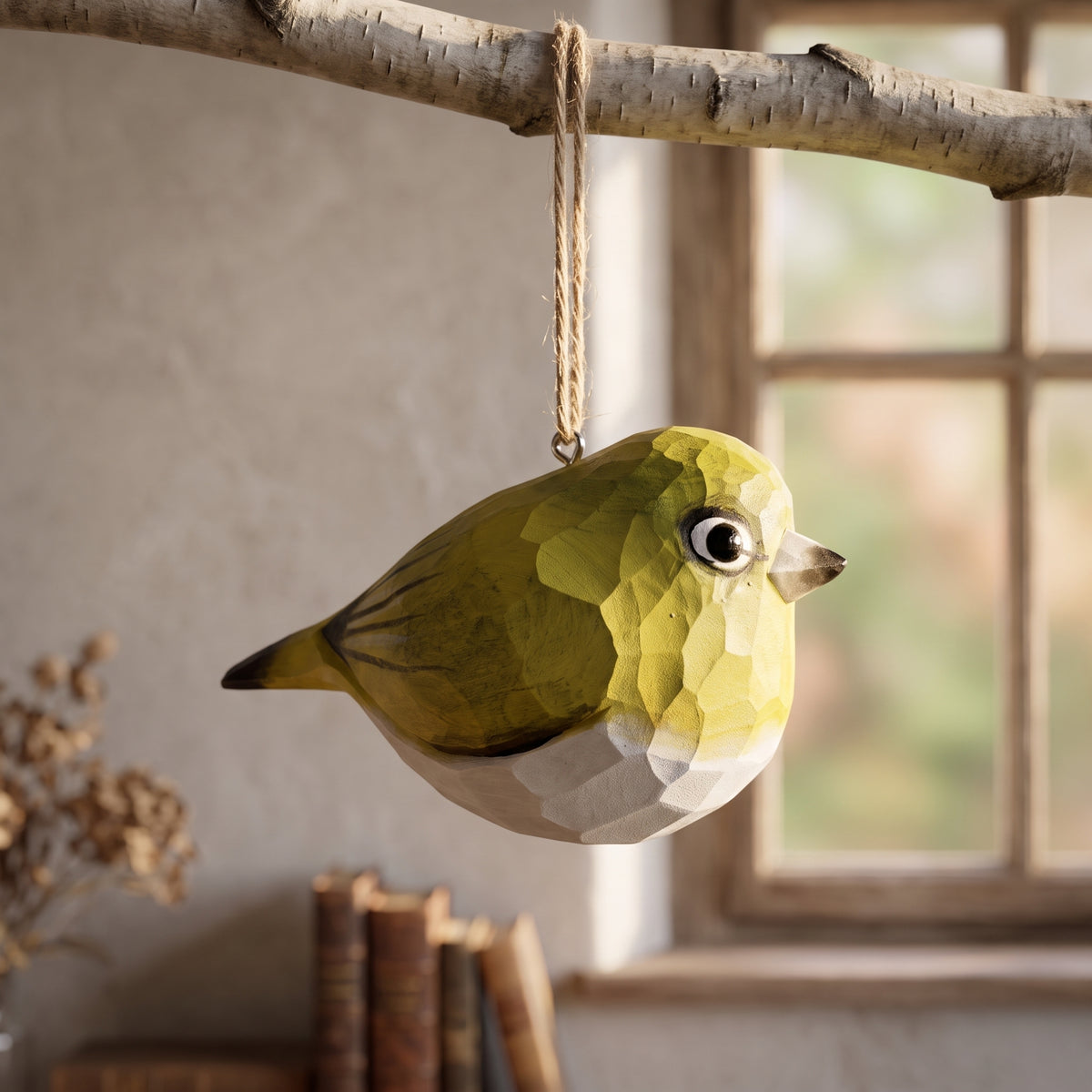A geometric, faceted White-Eyes ornament in olive green, yellow, and white hangs from a natural twine loop attached to a birch branch, set against a softly blurred indoor background with a window and books.