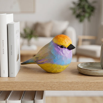 Hand-carved wooden White-browed Tit-warbler figurine painted in pastel yellow, violet, and sky blue tones, displayed on a wooden shelf beside upright books in a bright living room.