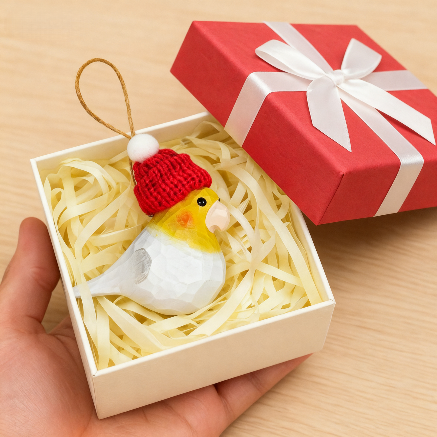 Cockatiel Christmas Ornament - Hand‑Carved Wood with Knit Hat, Gift Box Included