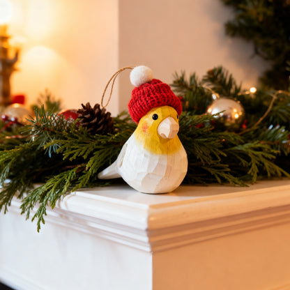 Cockatiel Christmas Ornament - Hand‑Carved Wood with Knit Hat, Gift Box Included
