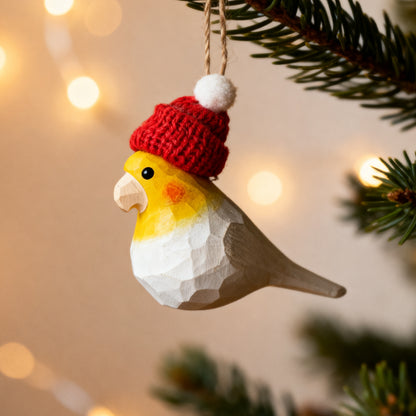 Cockatiel Christmas Ornament - Hand‑Carved Wood with Knit Hat, Gift Box Included