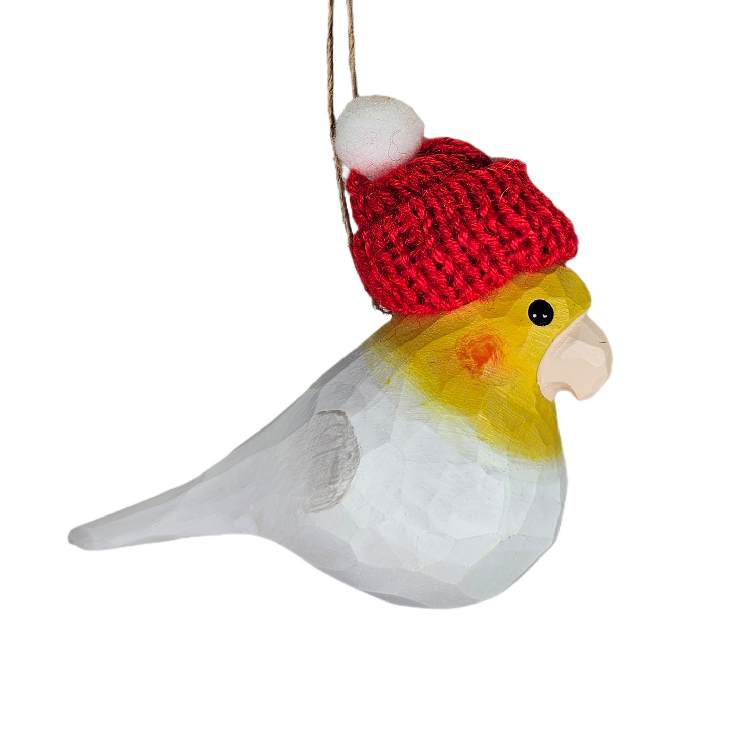 Cockatiel Christmas Ornament - Hand‑Carved Wood with Knit Hat, Gift Box Included