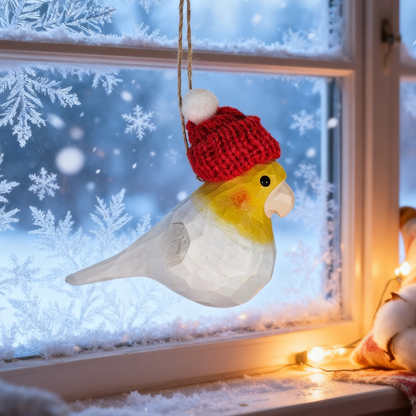 Cockatiel Christmas Ornament - Hand‑Carved Wood with Knit Hat, Gift Box Included