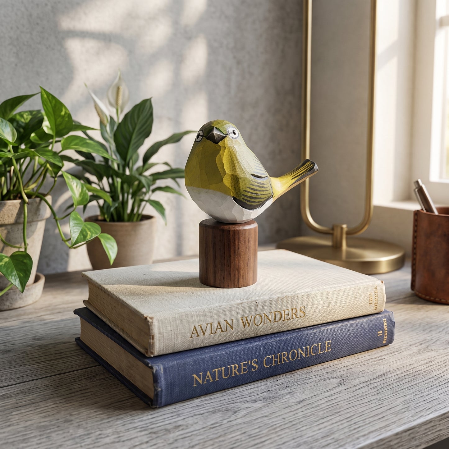 A small White-eyes figurine with olive-green, white, and gray coloring sits on a wooden pedestal, placed on top of two stacked books on a wooden table. The scene includes potted plants, a lamp, and a cup in a softly lit indoor setting.
