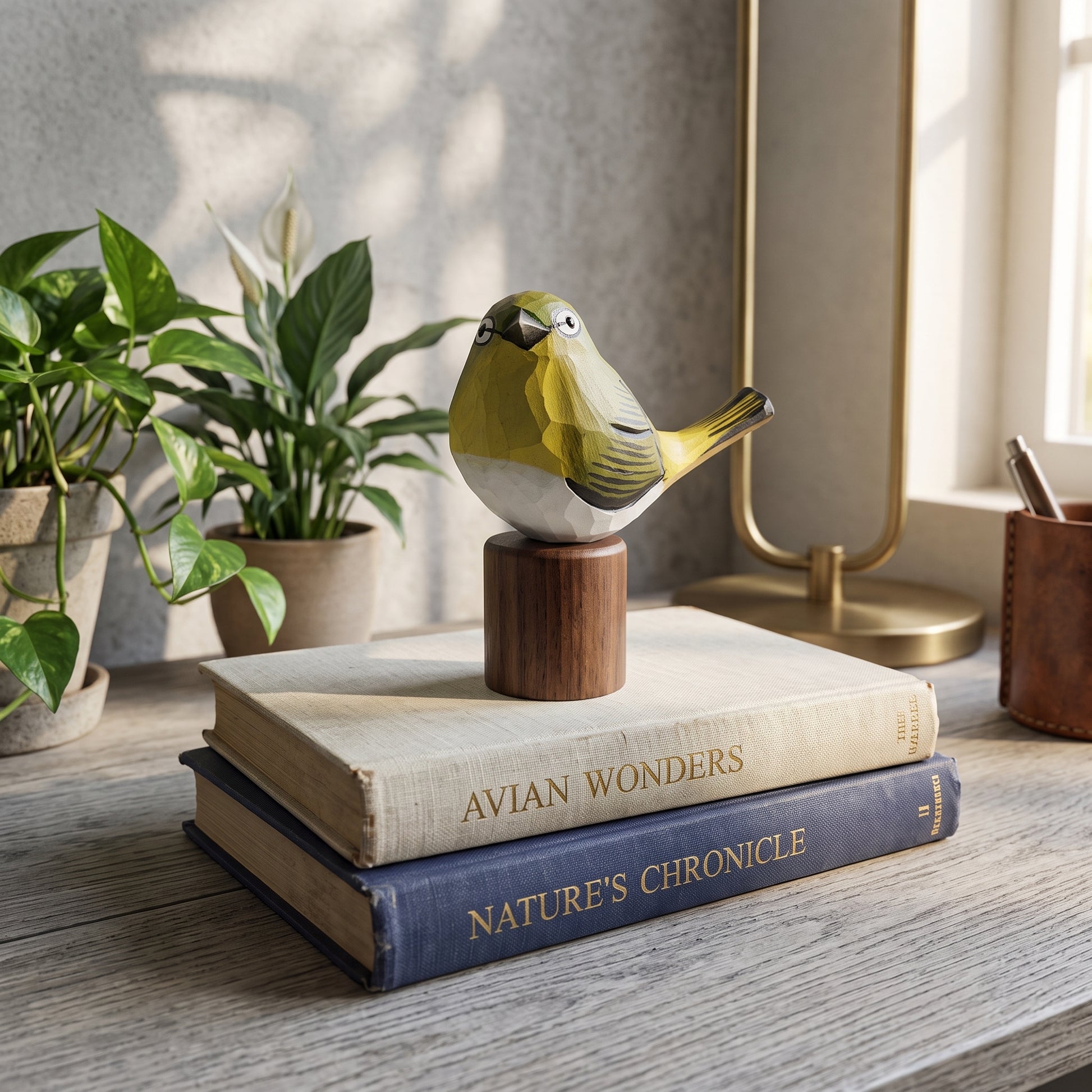A small White-eyes figurine with olive-green, white, and gray coloring sits on a wooden pedestal, placed on top of two stacked books on a wooden table. The scene includes potted plants, a lamp, and a cup in a softly lit indoor setting.
