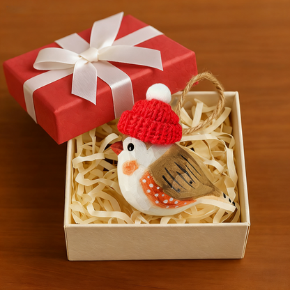 Zebra Finch Christmas Ornament - Hand‑Carved Wood with Knit Hat, Gift Box Included