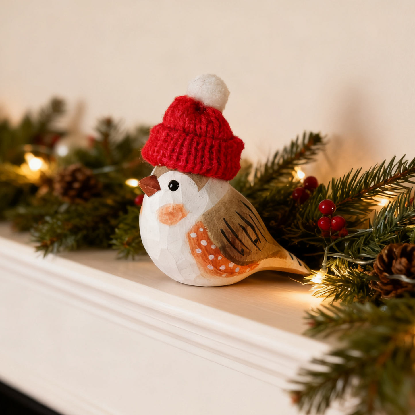 Zebra Finch Christmas Ornament - Hand‑Carved Wood with Knit Hat, Gift Box Included