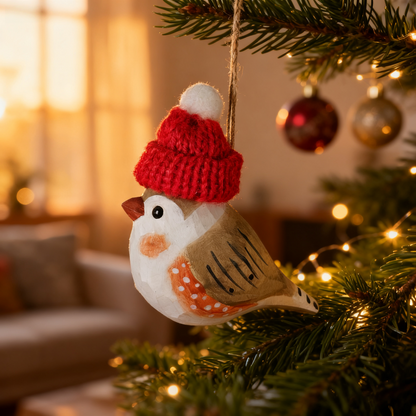 Zebra Finch Christmas Ornament - Hand‑Carved Wood with Knit Hat, Gift Box Included