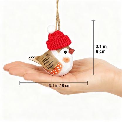 Zebra Finch Christmas Ornament - Hand‑Carved Wood with Knit Hat, Gift Box Included