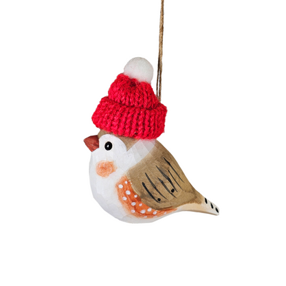 Zebra Finch Christmas Ornament - Hand‑Carved Wood with Knit Hat, Gift Box Included