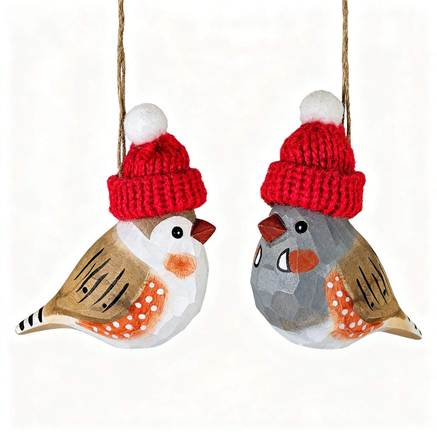 Zebra Finch Christmas Ornament - Hand‑Carved Wood with Knit Hat, Gift Box Included