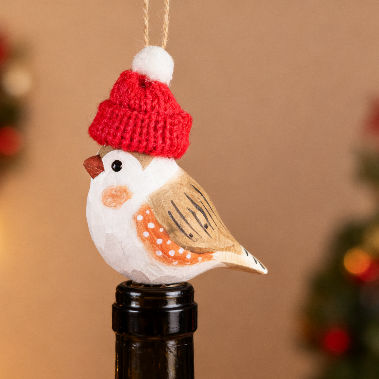 Zebra Finch Christmas Ornament - Hand‑Carved Wood with Knit Hat, Gift Box Included