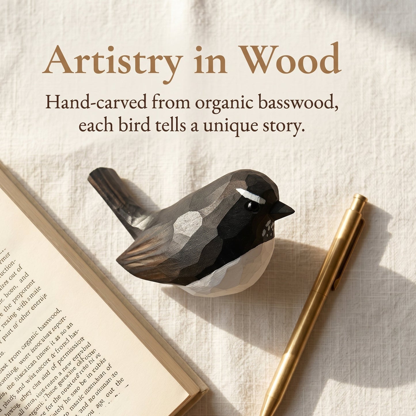 Hand-carved wooden Willie Wagtail figurine with a faceted basswood finish, resting on a desk beside an open book and a gold pen with overlay text reading "Artistry in Wood."