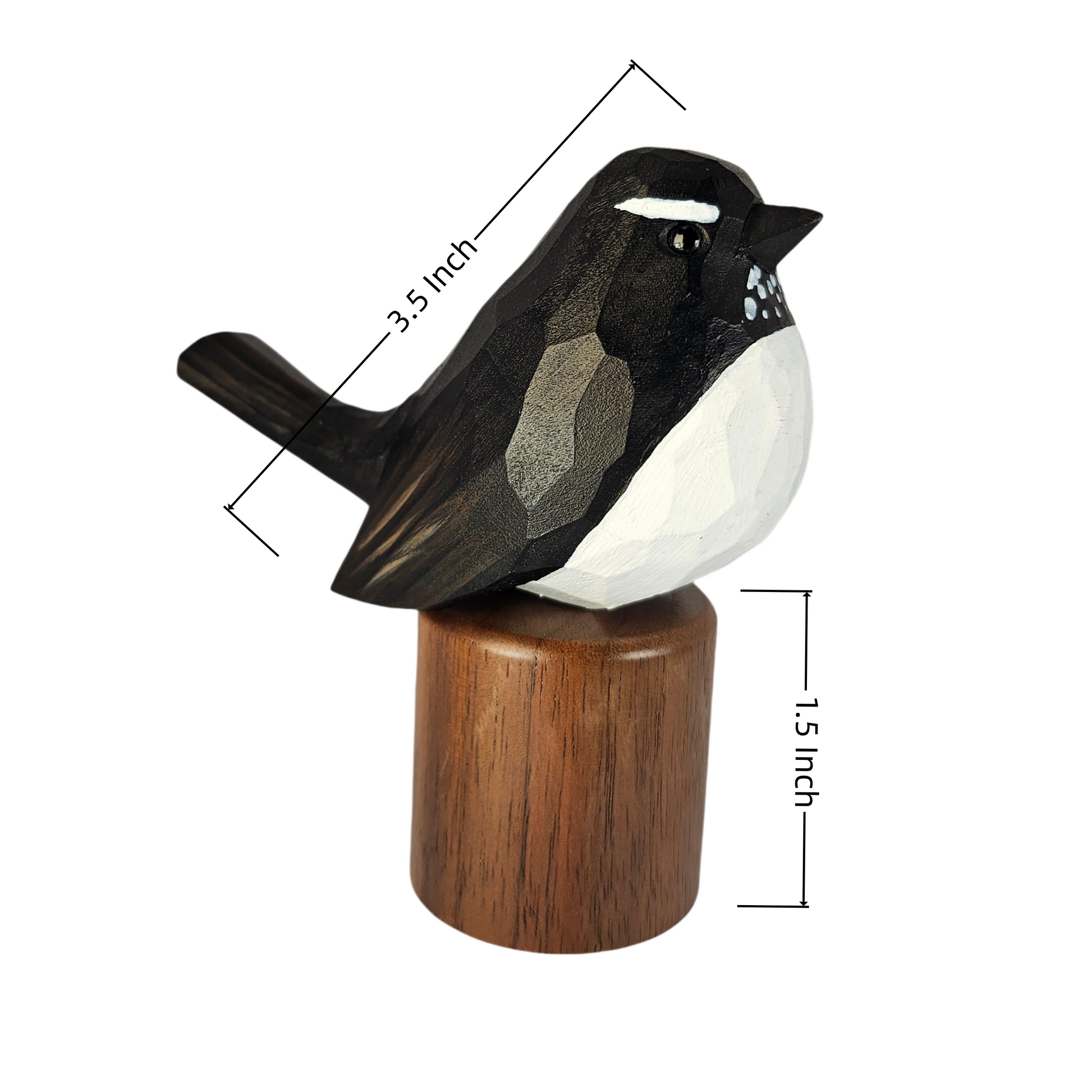 A carved Willie wagtail figurine on a wooden base, shown with dimension lines indicating a length of 3.5 inches and a height of 1.