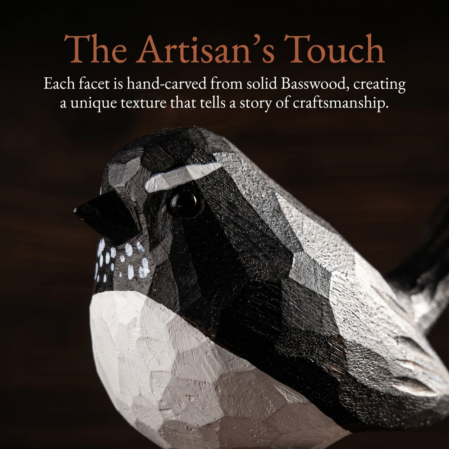 A hand-carved Basswood Willie wagtail sculpture with a geometric, faceted design, shown against a dark wood background with promotional text overlay.