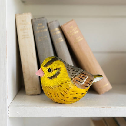 Hand-Carved Yellowhammer Figurine with Black Walnut Base | Handmade Wooden Bird Sculpture