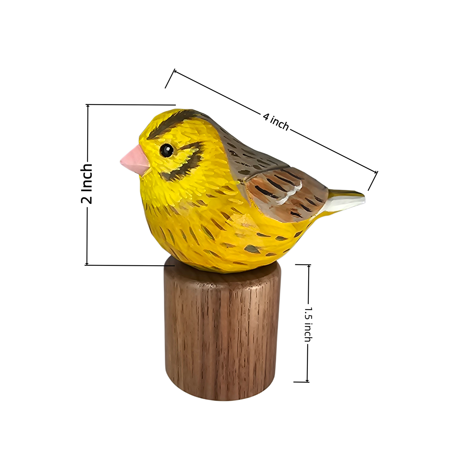 A hand-carved wooden Yellowhammer figurine with yellow, brown, and black painted details, mounted on a cylindrical wooden base. Measurement lines and text indicating 2 inch height, 4 inch length, and 1.