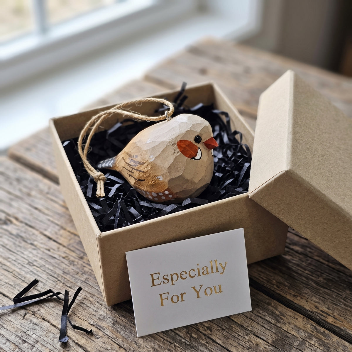 Zebra Finch Wooden Hanging Ornament | Hand-Carved Basswood
