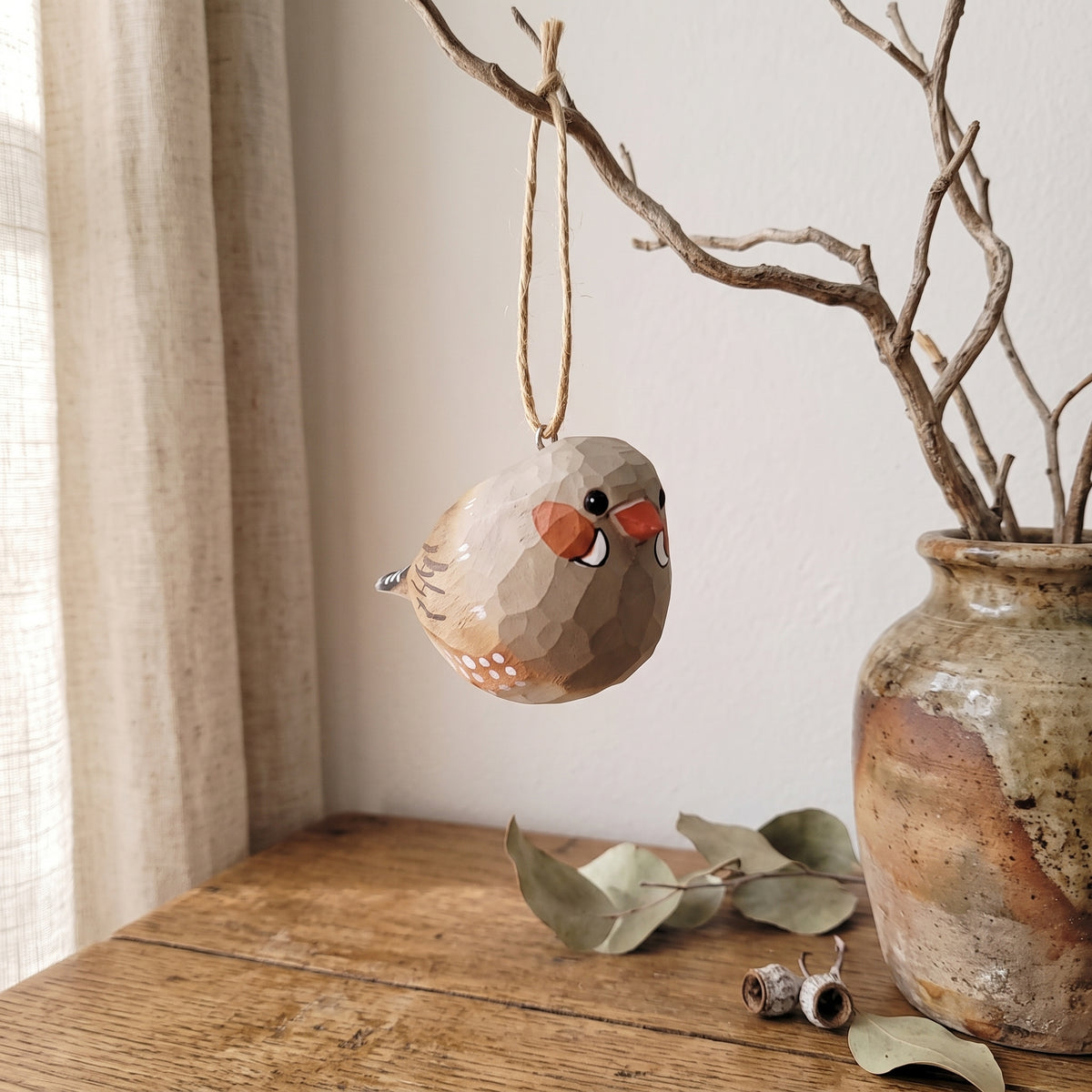 Zebra Finch Wooden Hanging Ornament | Hand-Carved Basswood