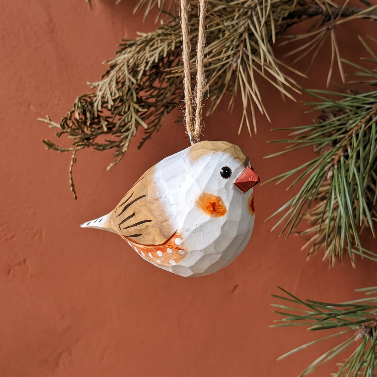 Zebra Finch Wooden Hanging Ornament | Hand-Carved Basswood