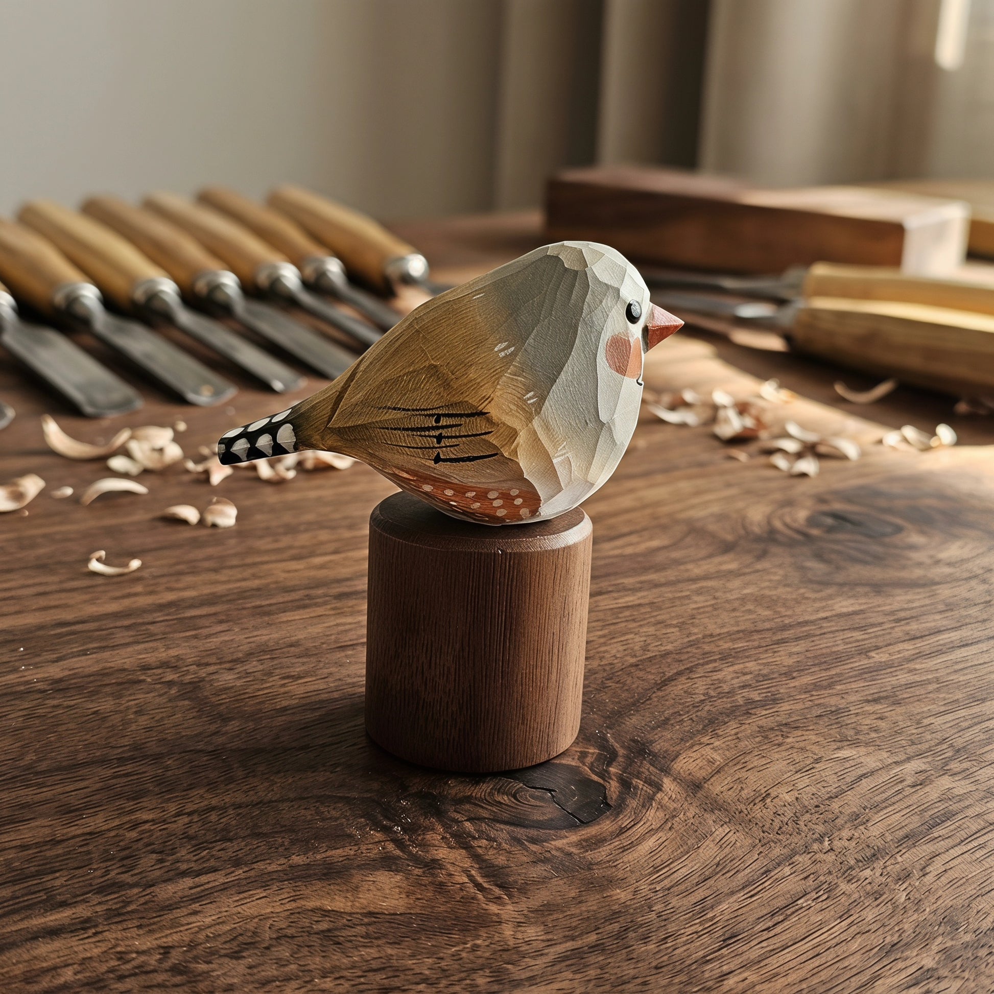 A hand-carved wooden Zebra Finch figurine with geometric facets, perched on a cylindrical wooden base, set on a rustic wooden table with woodworking tools in the background.