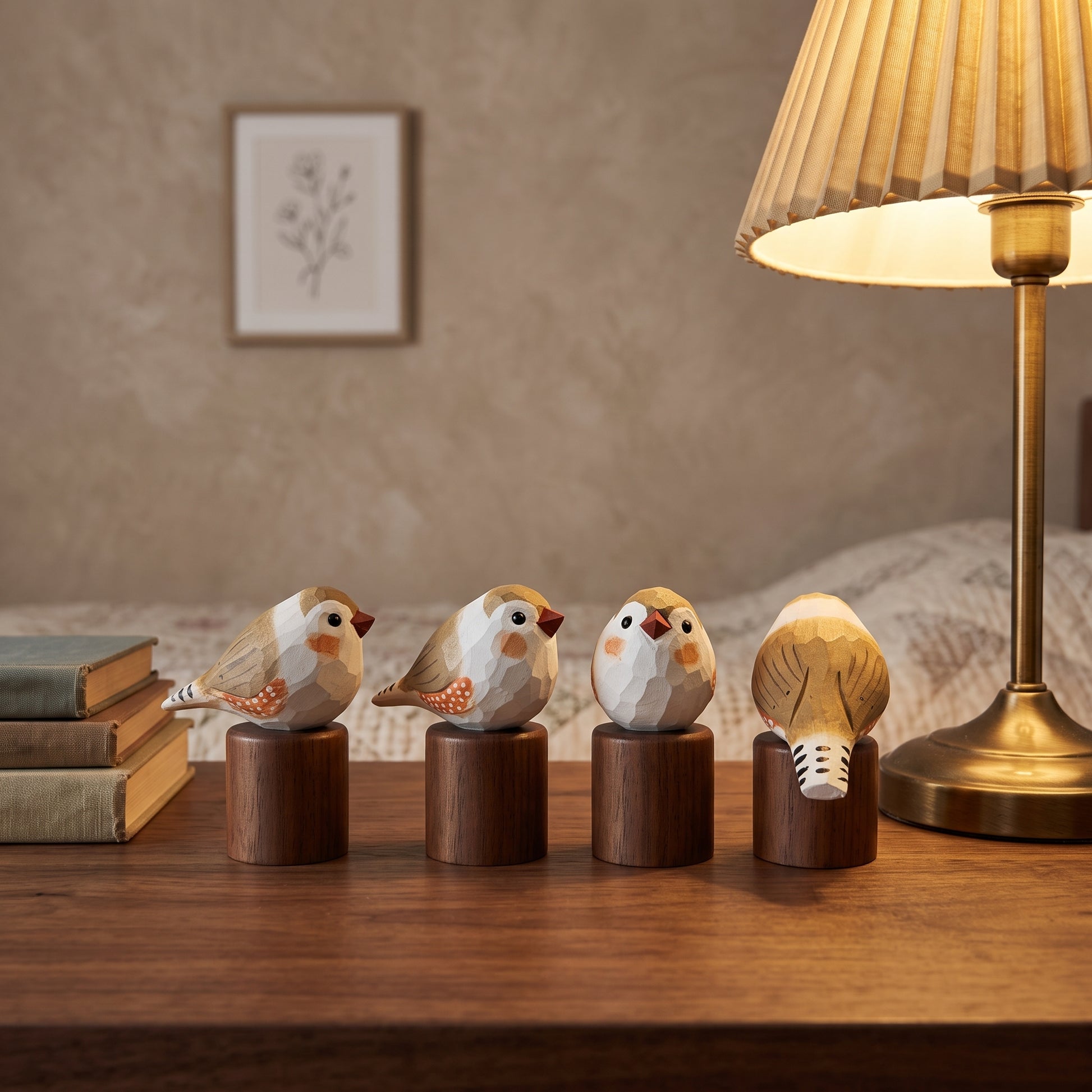Four small wooden Zebra Finch figurines with geometric facets, each mounted on a dark cylindrical base, arranged on a wooden table in a warmly lit bedroom setting next to a lamp and books.