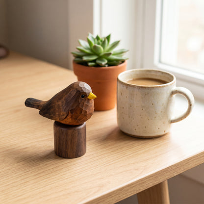 A small carved wooden Eurasian Blackbird figurine perched on a cylindrical wooden base, placed on a light wood table beside a ceramic coffee mug and a potted succulent near a window.