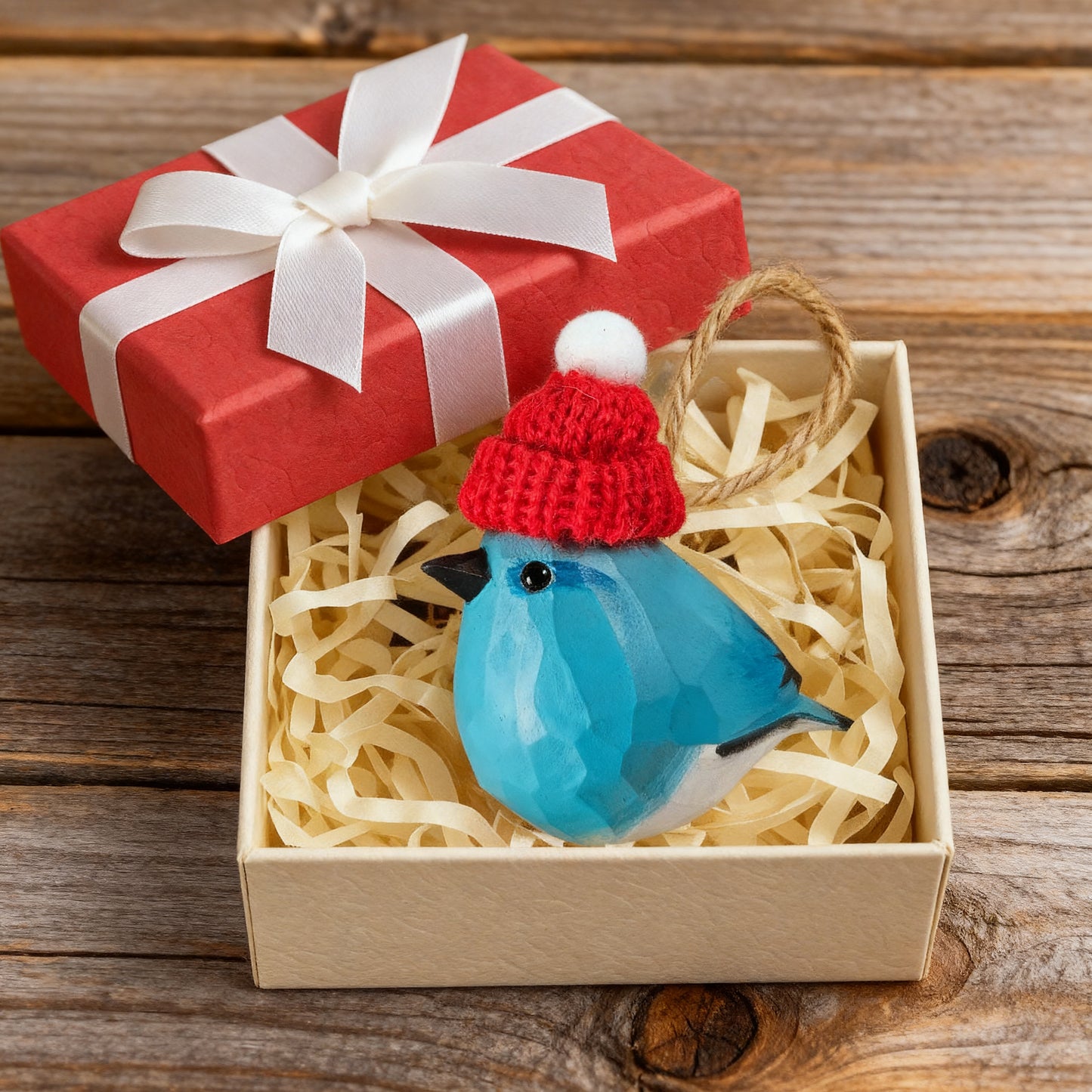 Blue Bird Christmas Ornament - Hand‑Carved Wood with Knit Hat, Gift Box Included