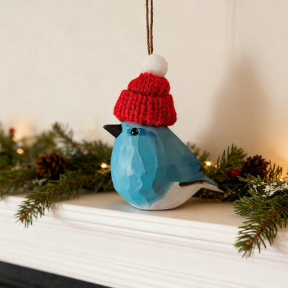 Blue Bird Christmas Ornament - Hand‑Carved Wood with Knit Hat, Gift Box Included