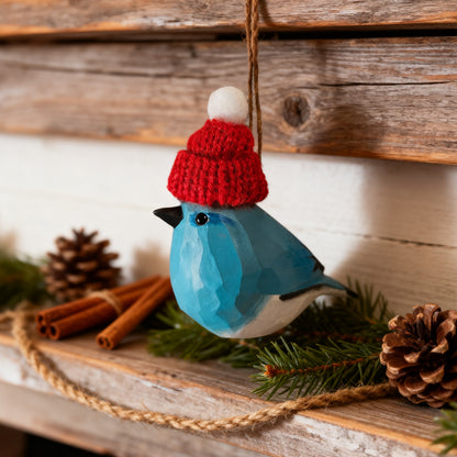 Blue Bird Christmas Ornament - Hand‑Carved Wood with Knit Hat, Gift Box Included