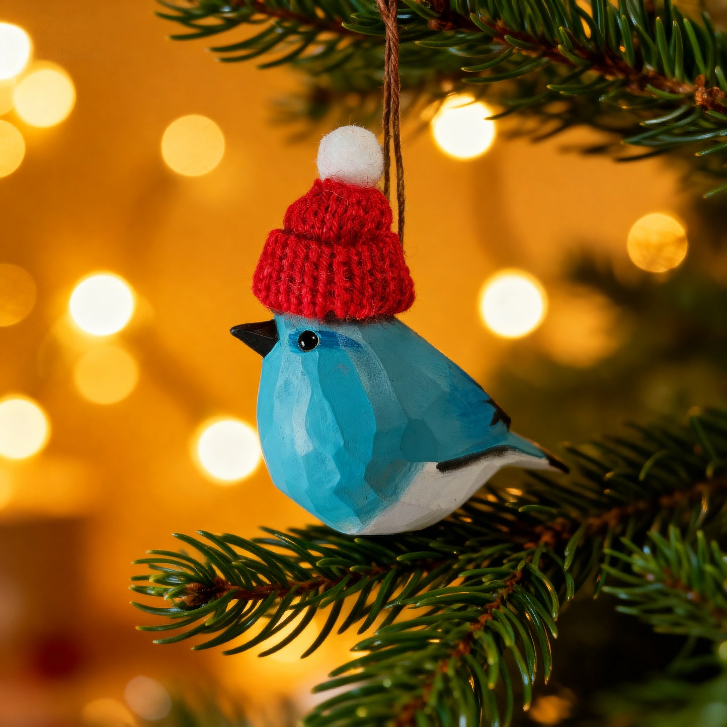 Blue Bird Christmas Ornament - Hand‑Carved Wood with Knit Hat, Gift Box Included