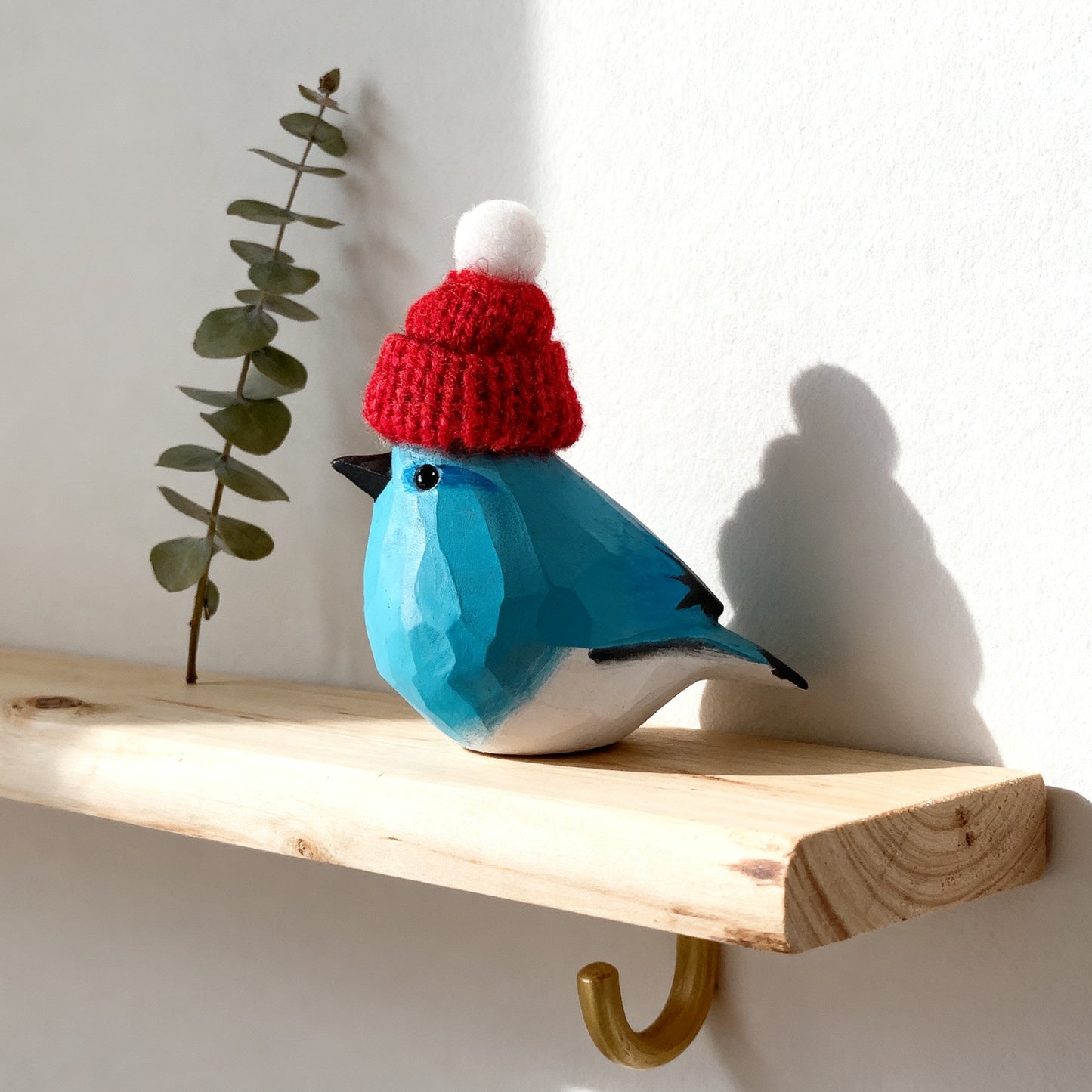 Blue Bird Christmas Ornament - Hand‑Carved Wood with Knit Hat, Gift Box Included