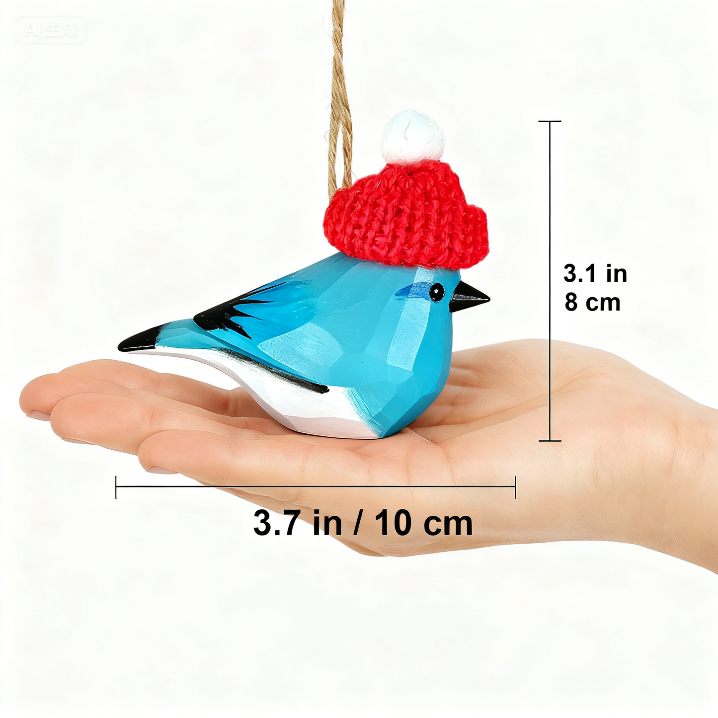 Blue Bird Christmas Ornament - Hand‑Carved Wood with Knit Hat, Gift Box Included