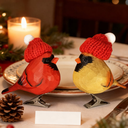 Cardinal Couple Clip‑On Christmas Ornaments - Hand‑Carved Wood with Knit Hats, Gift Box Included