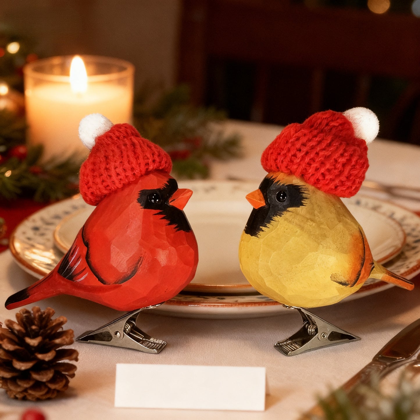 Cardinal Couple Clip‑On Christmas Ornaments - Hand‑Carved Wood with Knit Hats, Gift Box Included