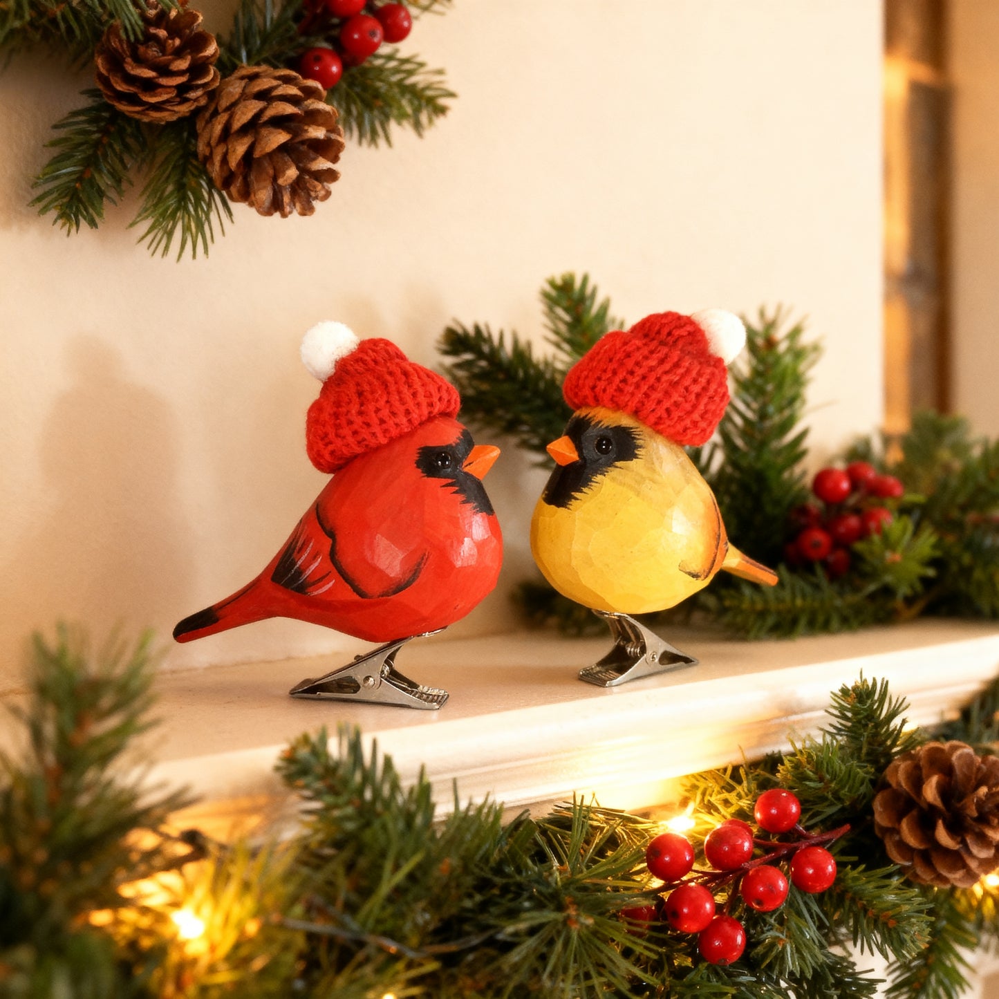 Cardinal Couple Clip‑On Christmas Ornaments - Hand‑Carved Wood with Knit Hats, Gift Box Included