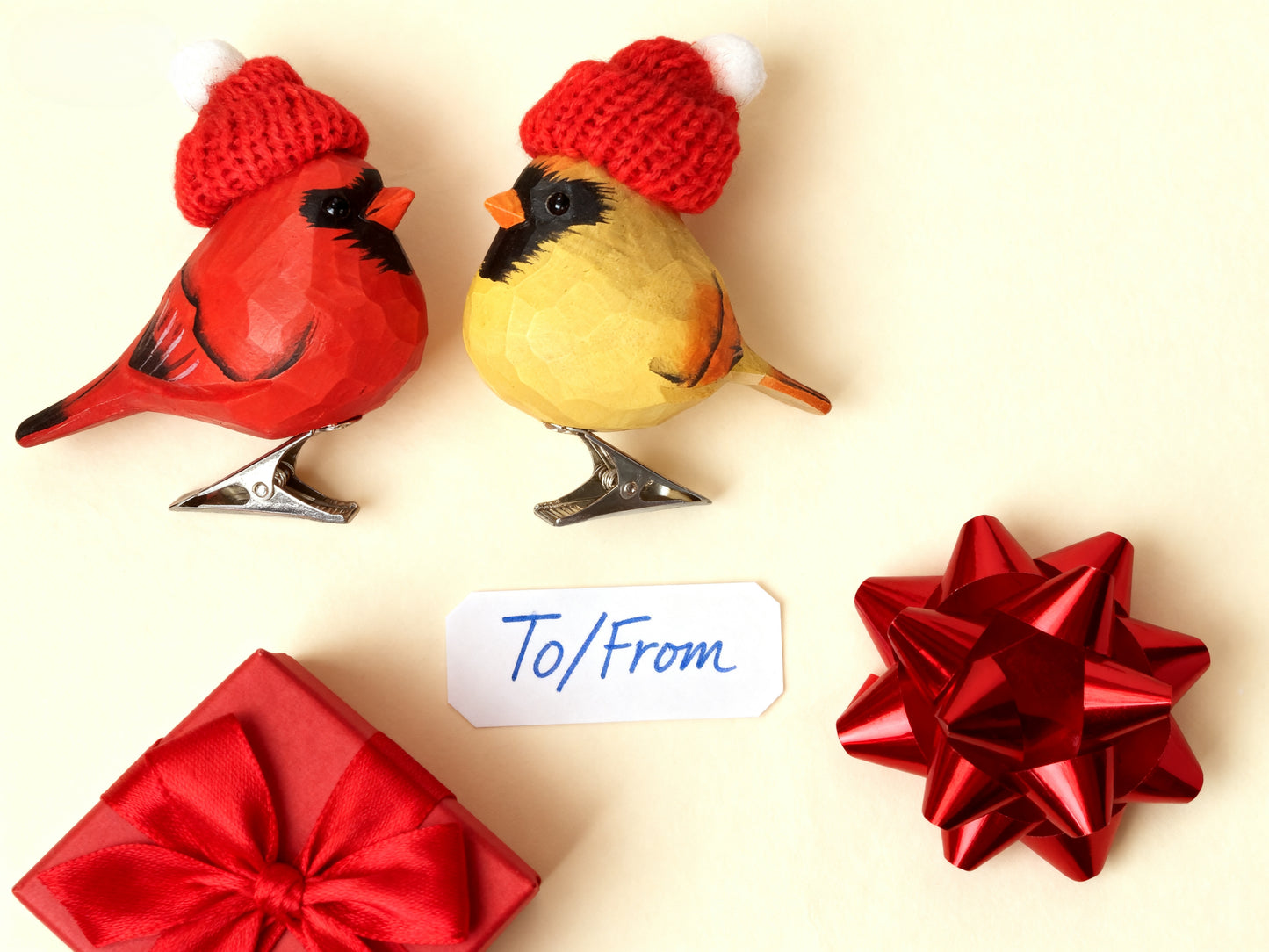 Cardinal Couple Clip‑On Christmas Ornaments - Hand‑Carved Wood with Knit Hats, Gift Box Included