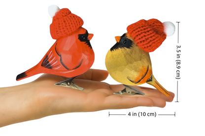 Cardinal Couple Clip‑On Christmas Ornaments - Hand‑Carved Wood with Knit Hats, Gift Box Included